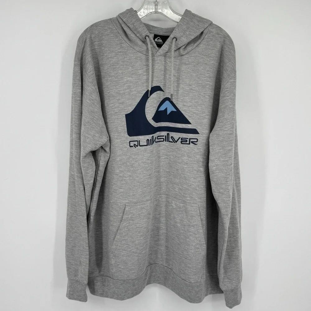 Quiksilver Men's Big Logo Kangaroo Pocket Pullover Hoodie, Grey, Size Large L